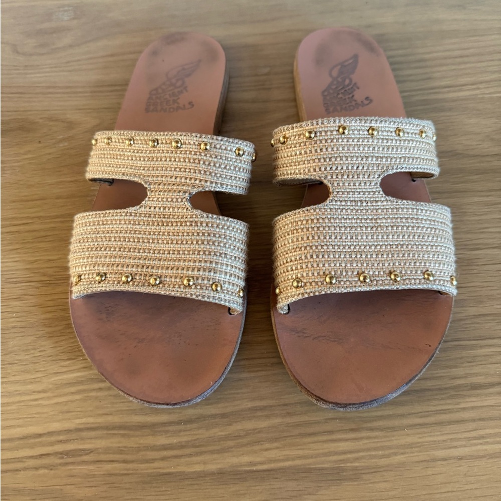 Ancient Greek Woven Slide Sandals with Gold Studs